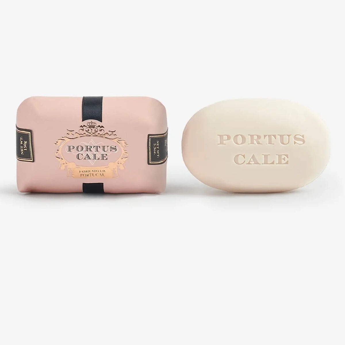 Portus Cale Rosé Blush 150g soap bar shown wrapped in blush pink paper alongside unwrapped ivory bar with embossed logo
