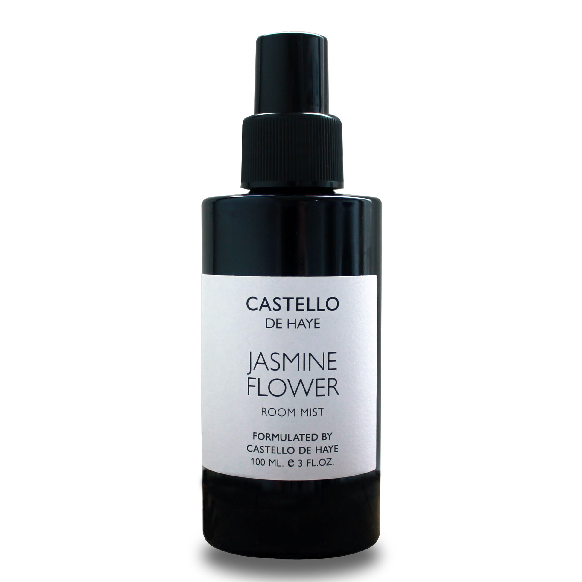Black room mist bottle labeled 'Castello de Haye Jasmine Flower' on a white background