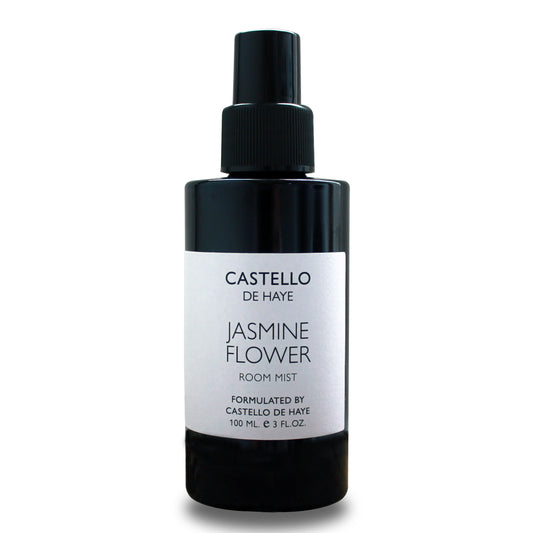 Black room mist bottle labeled 'Castello de Haye Jasmine Flower' on a white background