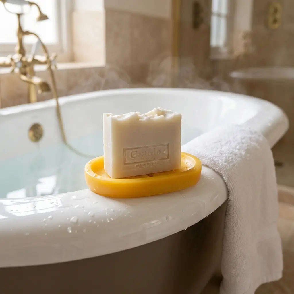 Oval pure beeswax soap dish on the side of Roll Top Bath