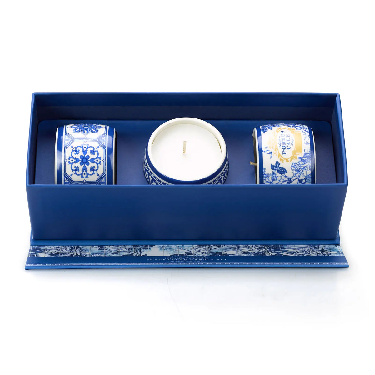 Portus Cale Gold & Blue gift set of three 70g Pink Pepper & Jasmine candles in patterned ceramic holders