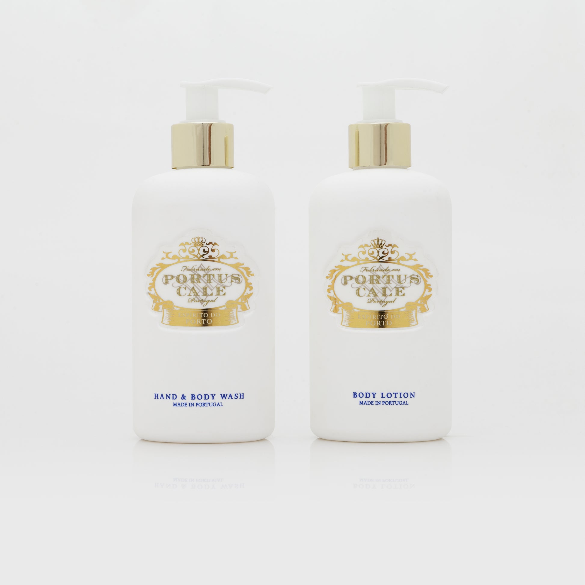 PortusCale_Gold_Blue_300mL_wash_and_lotion next to each other on white background