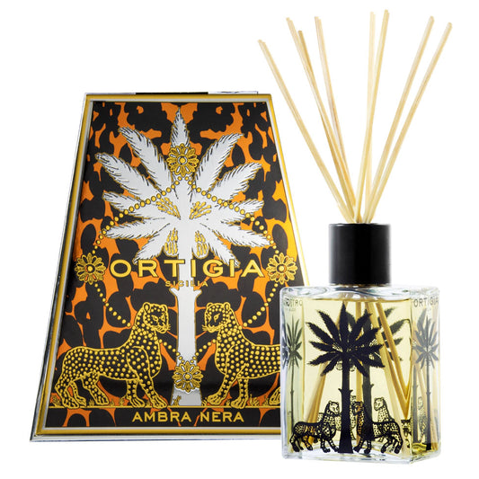 Ortigia Ambra Nera diffuser with decorative box on a white background