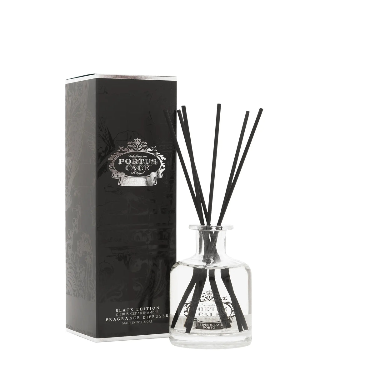 Portus Cale Black Edition 100ml reed diffuser with black reeds and black presentation box.