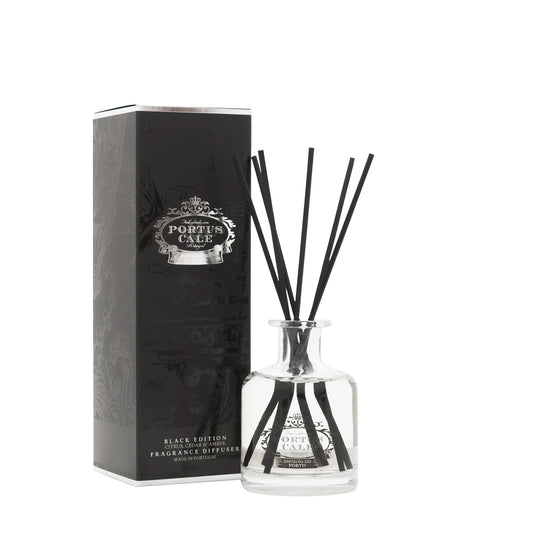 Portus Cale Black Edition 100ml reed diffuser with black reeds and black presentation box.