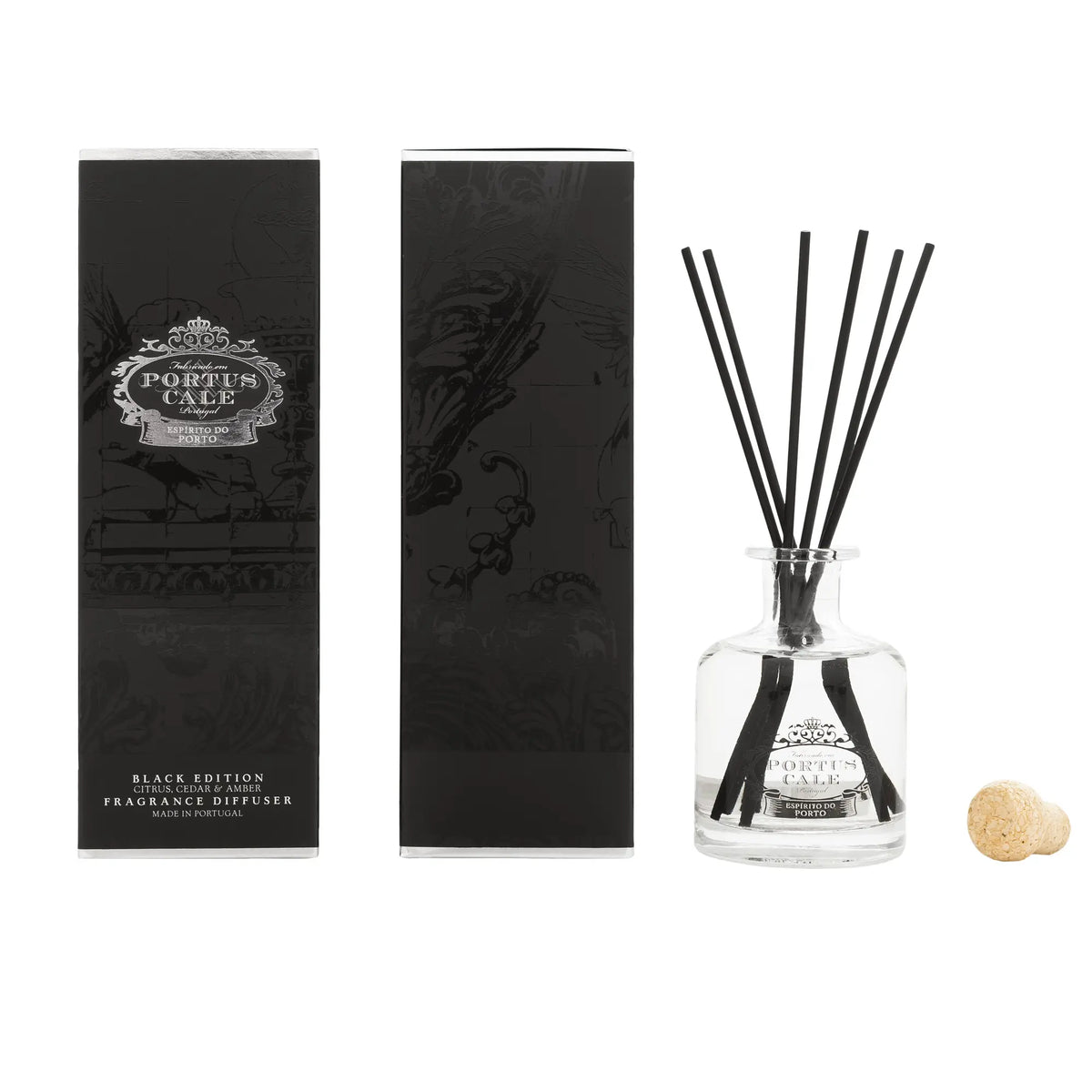 Portus Cale Black Edition reed diffuser with black reeds, cork stopper and front and side views of its box.