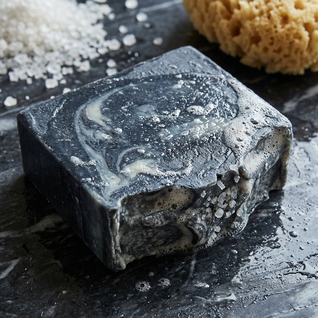 Activated charcoal soap bar with pine essential oil on natural surface - handmade detox skincare by Castello de Haye