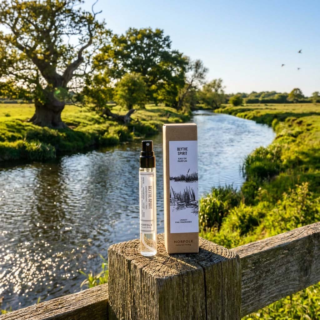 Blythe Spirit natural perfume on wooden fence with River Blyth in the background