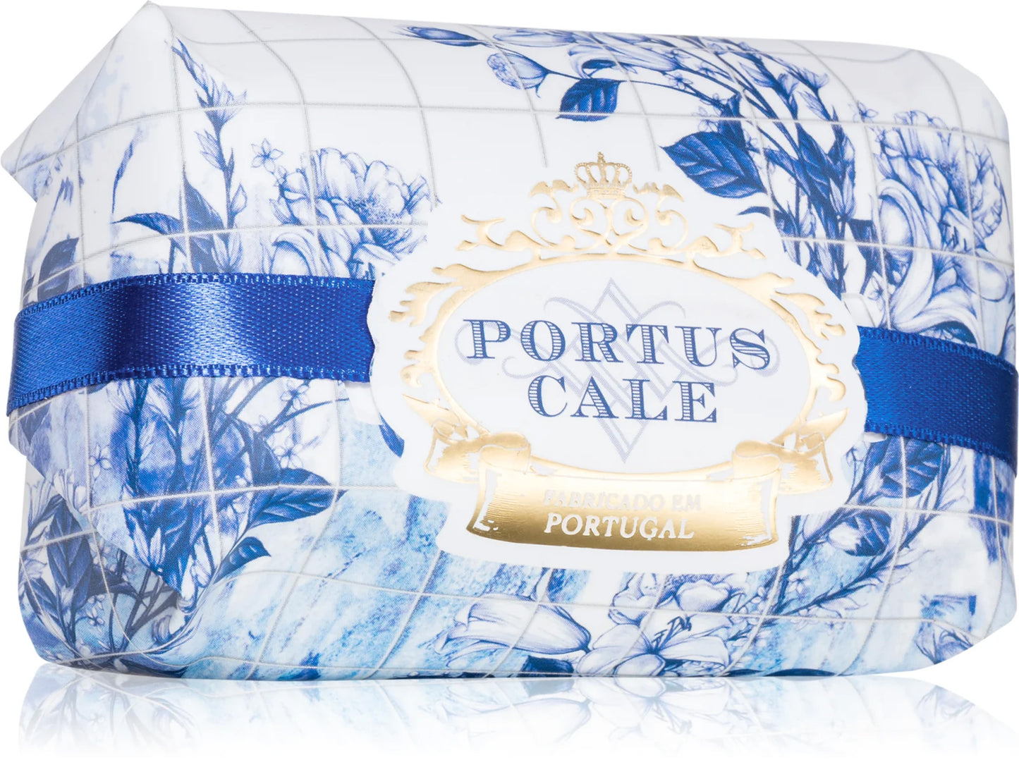 Portus Cale soap with blue floral design and ribbon on a white background