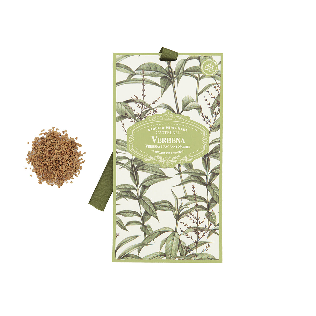 Herbal product with botanical packaging labeled 'Verbena' on a white background
