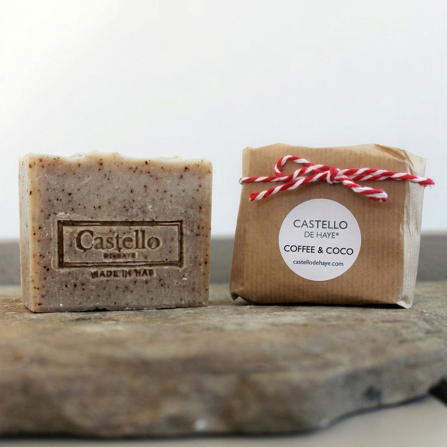 Castello de Haye Coffee and Coconut Soap bar 200g, with wrapped bar in kraft paper and natural twine