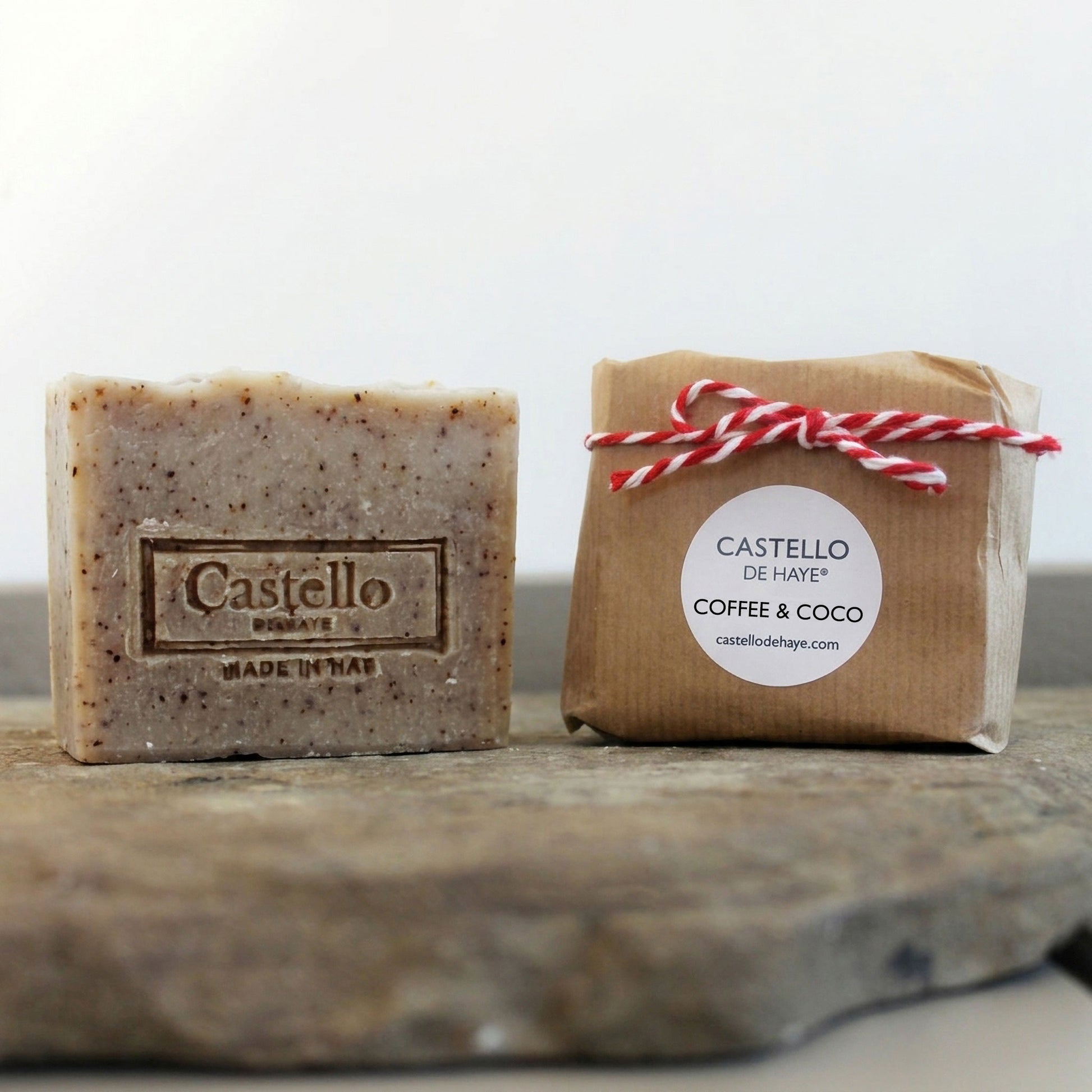 Castello de Haye Coffee and Coconut Soap bar 200g, with wrapped bar in kraft paper and natural twine