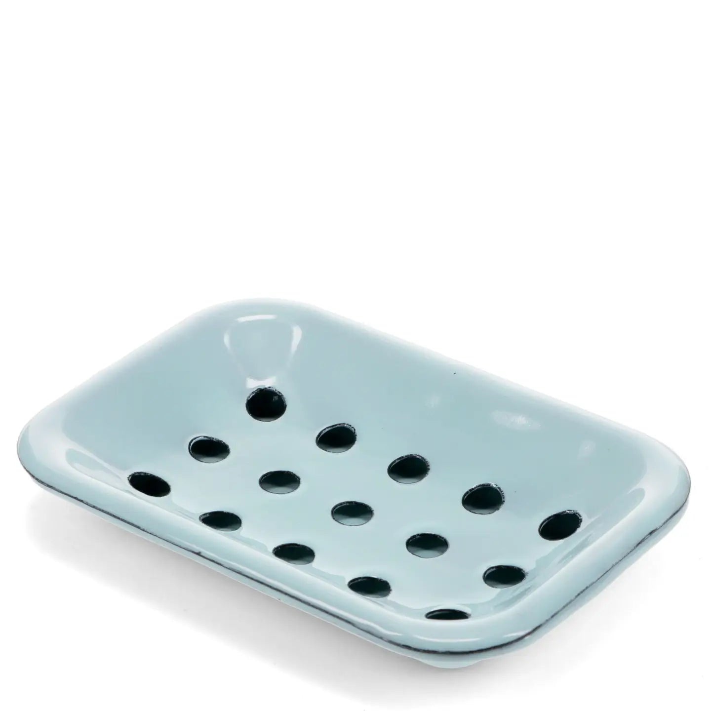 Duck egg blue enamel soap dish with drainage design on white background