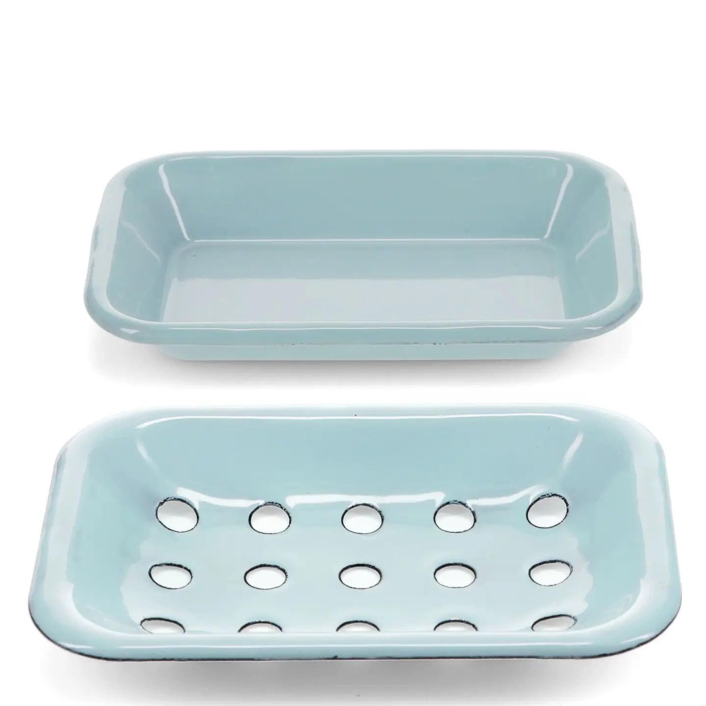 Duck egg blue enamel soap dish showing two-part drainage design