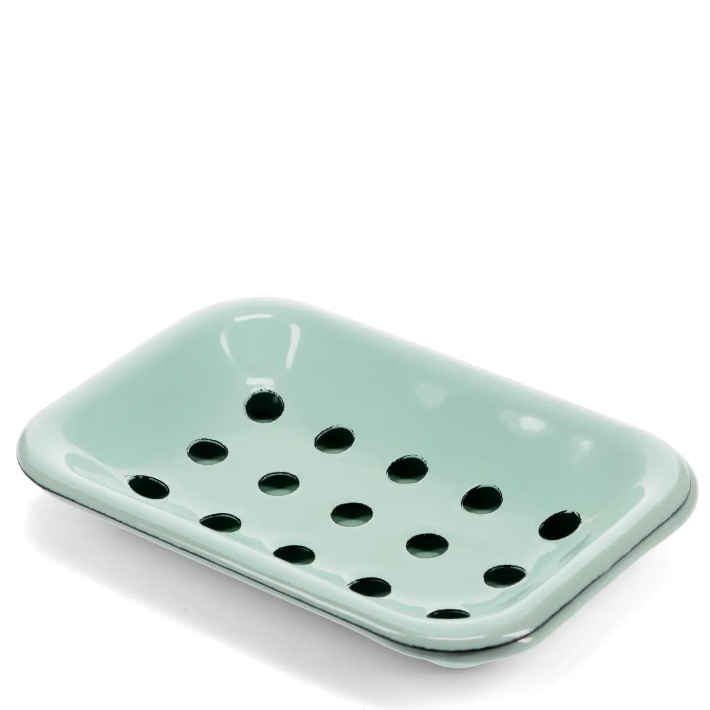 Eau de nil green enamel soap dish with drainage on white background