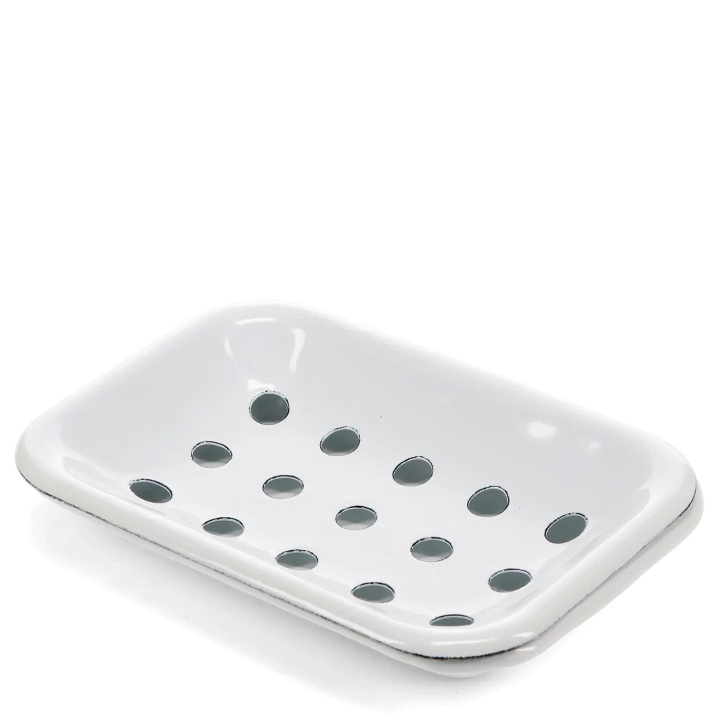White enamel soap holder showing two-part drainage construction