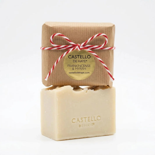 Castello de Haye Frankincense & Myrrh natural soap bar 200g wrapped in kraft paper with baker's twine