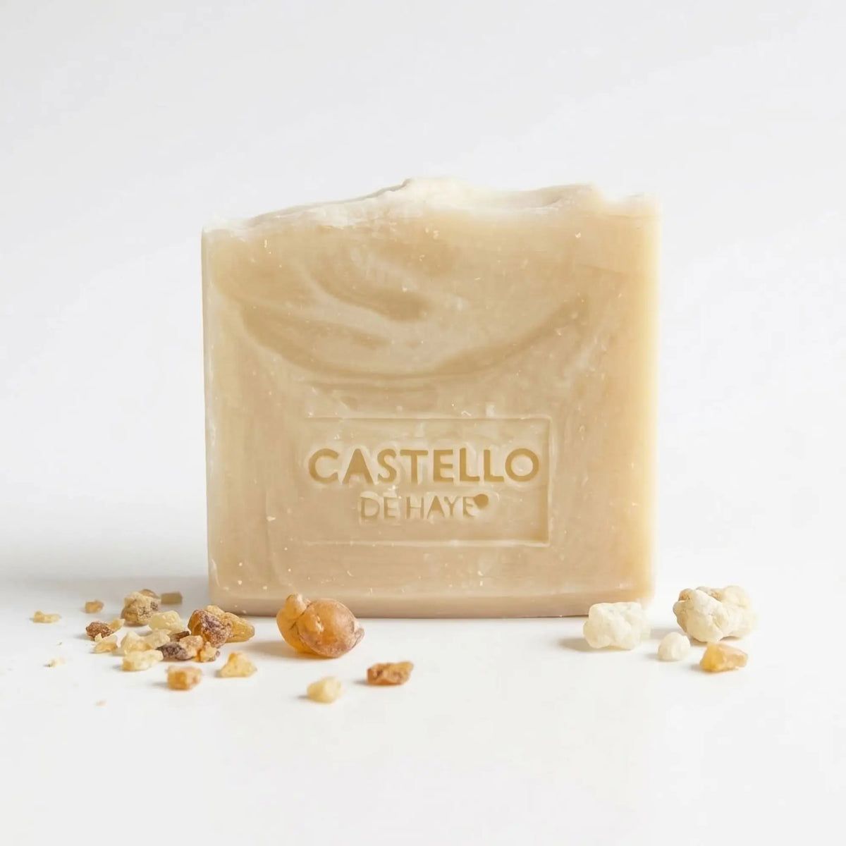Castello de Haye handmade frankincense and myrrh soap bar with natural resin crystals, olive oil and beeswax