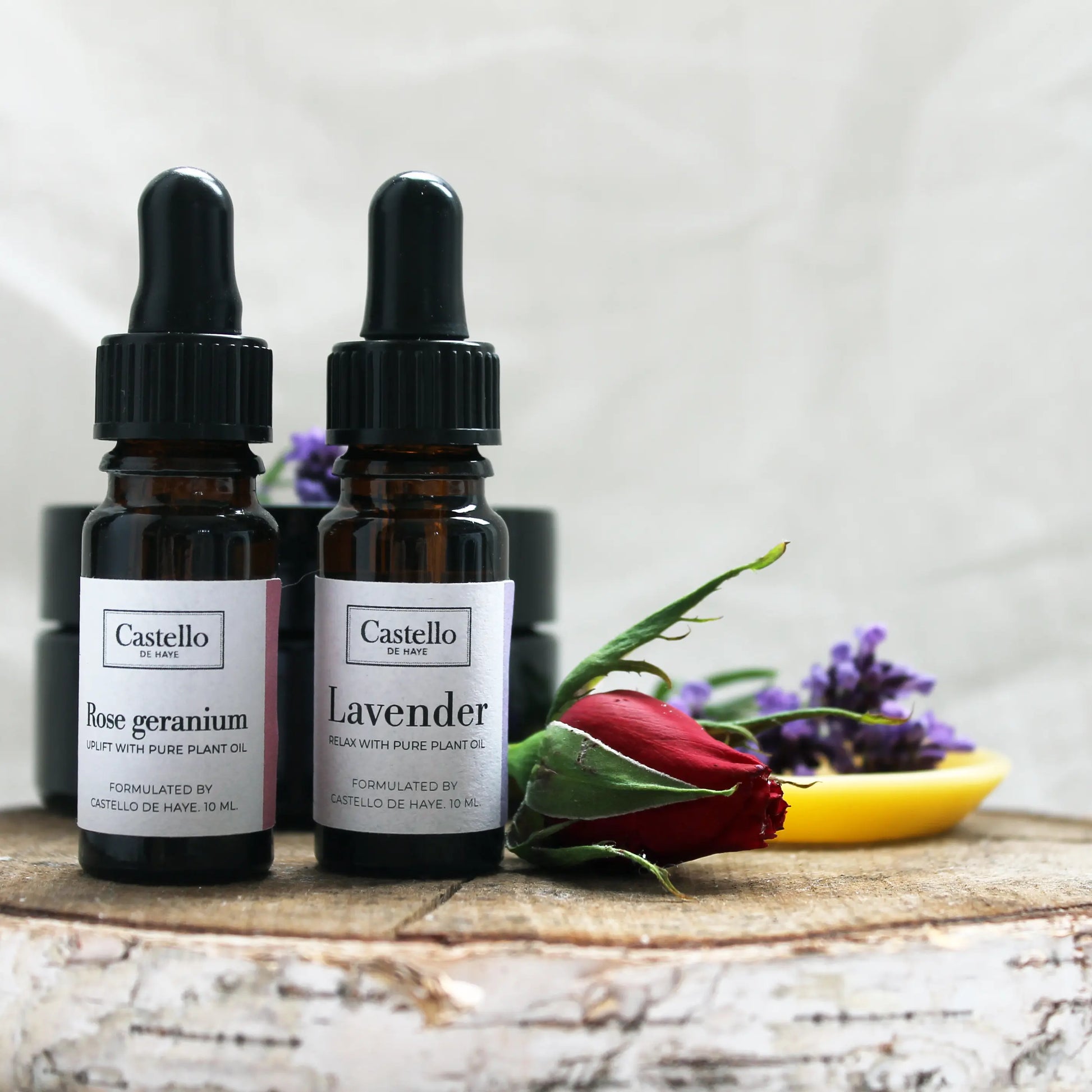 Rose Geranium and Lavender Pure Essential Oils in 10ml amber bottles with pipettes — Castello de Haye