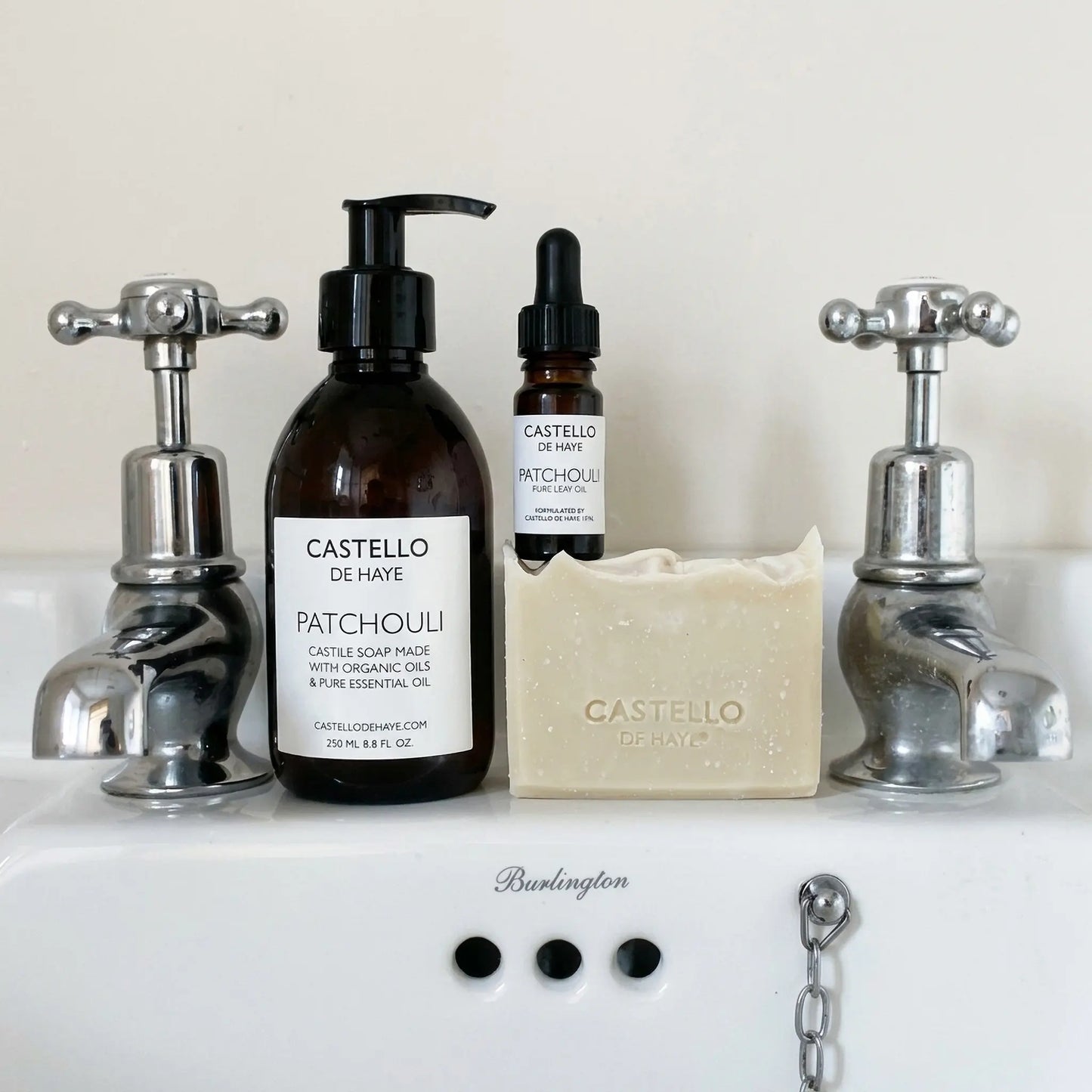 Castile soap on Burlington sink with patchouli bar soap and patchouli 10ml EO