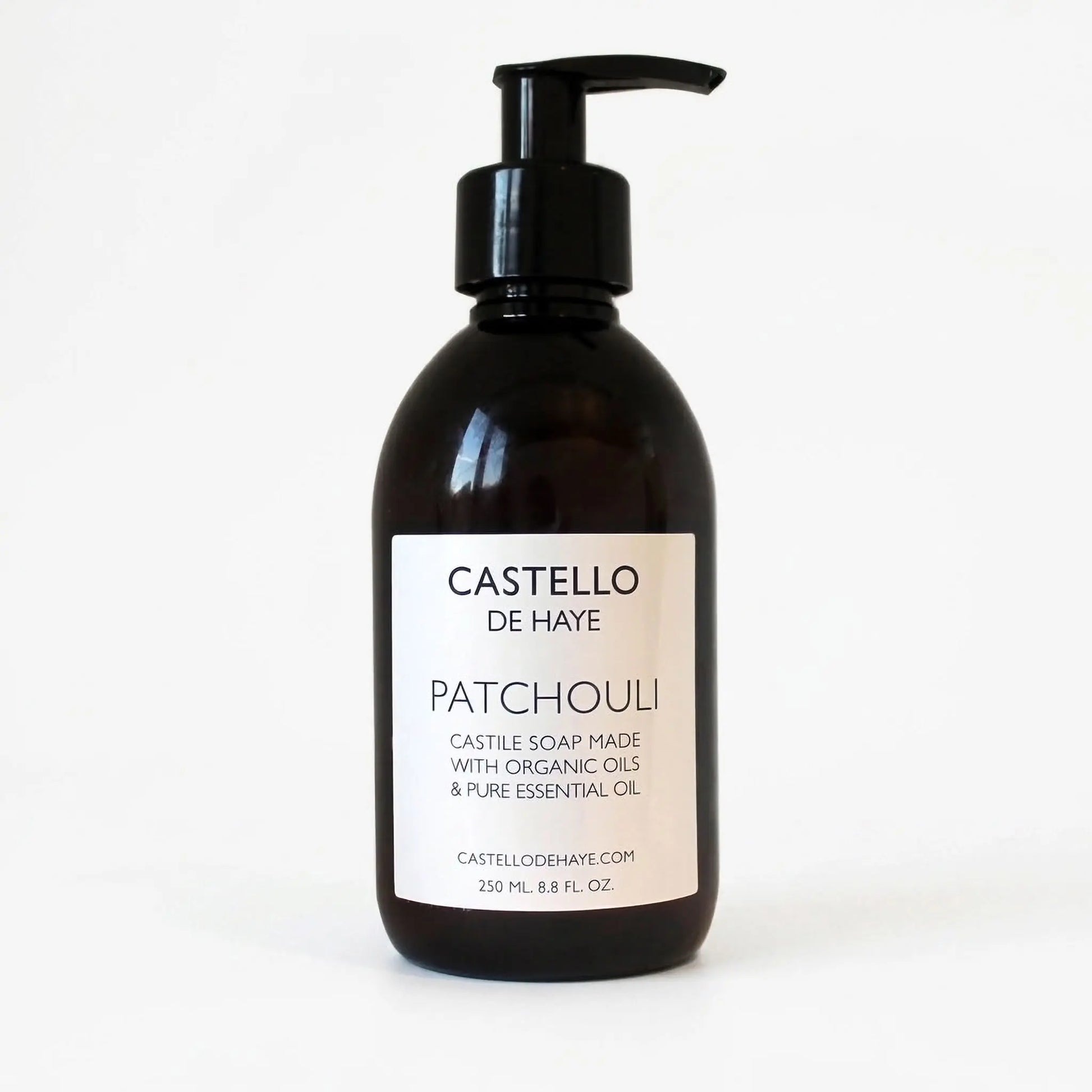 Castello de Haye Patchouli and Lime Castile soap bottle on a white background