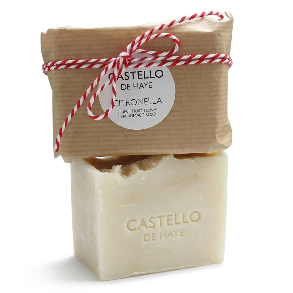 Castello de Haye handmade citronella soap bar wrapped in brown paper with red-and-white twine