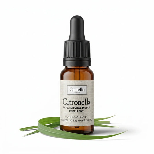 Castello de Haye Citronella Essential Oil, safe, natural in 10ml bottle with pipette.