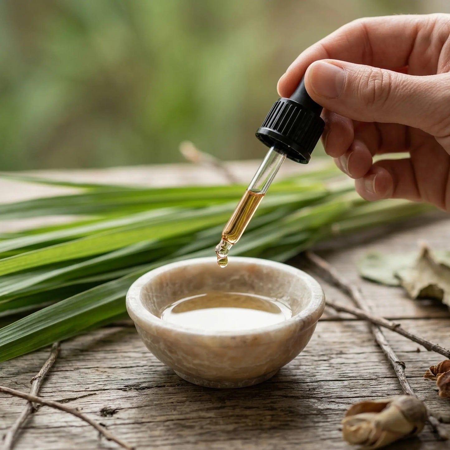 Citronella essential oil being dropped into carrier oil with pipette