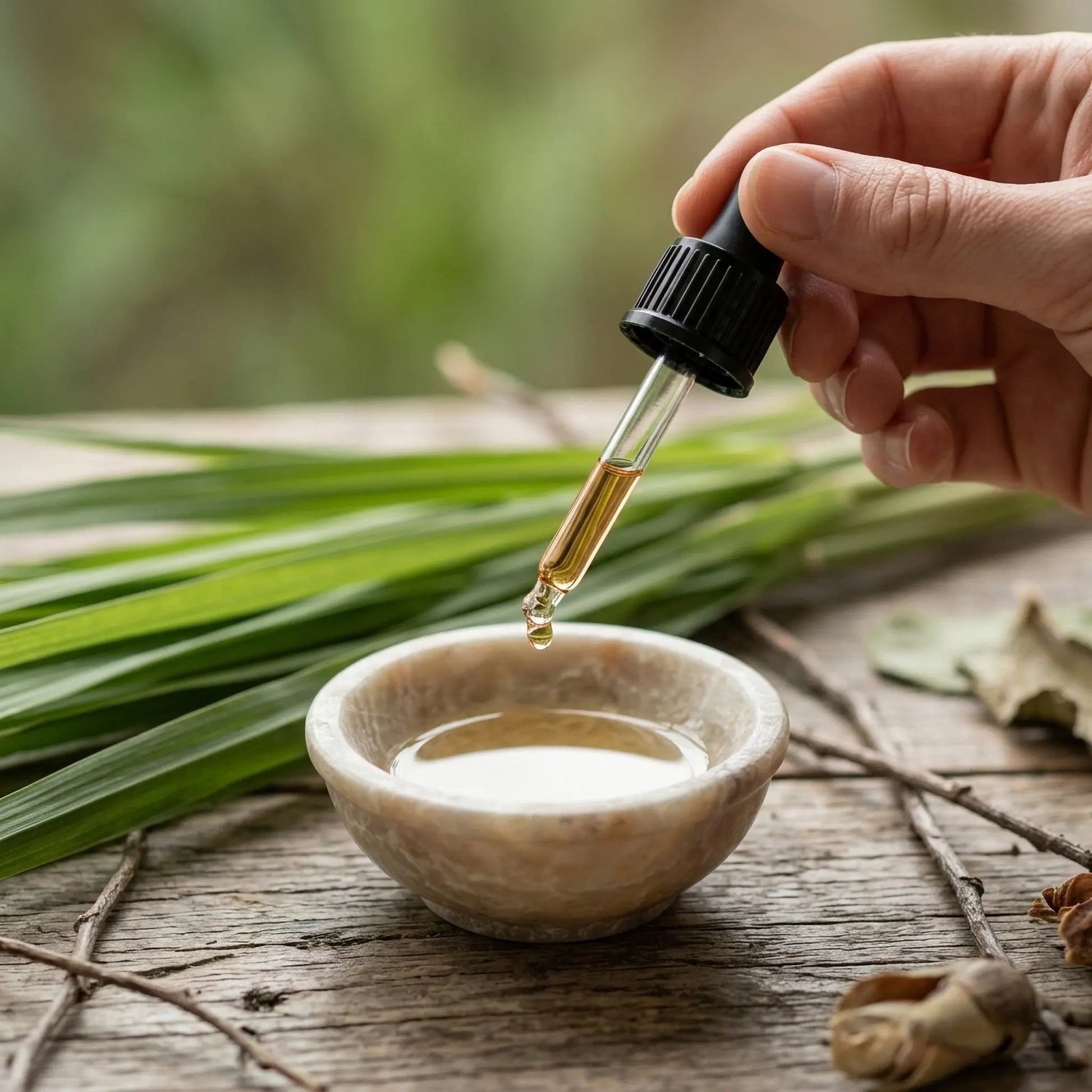 Citronella essential oil being dropped into carrier oil with pipette