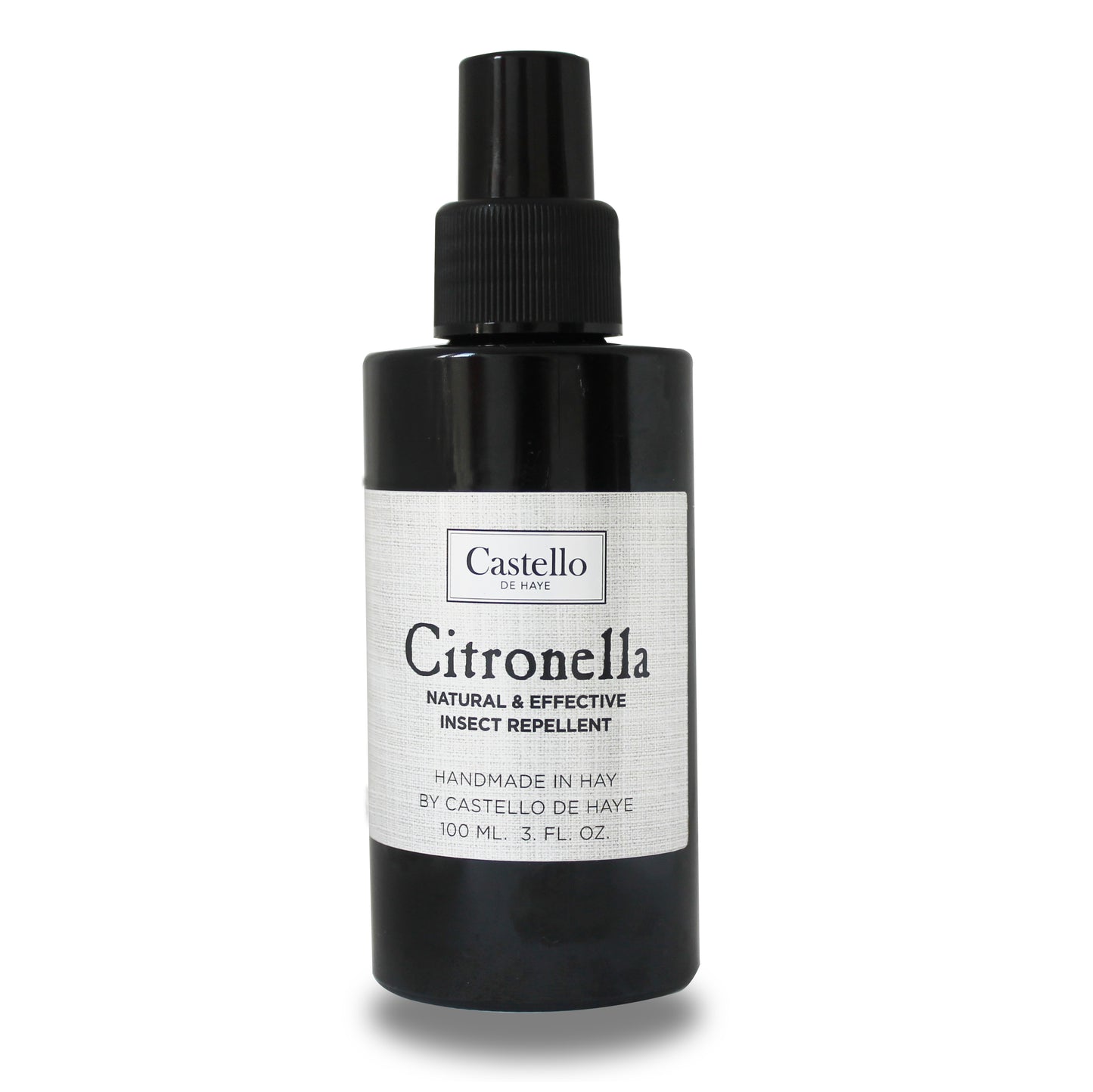 Citronella Room Spray with citronella oil handmade in Hay by Castello de Haye, bottle on a white background