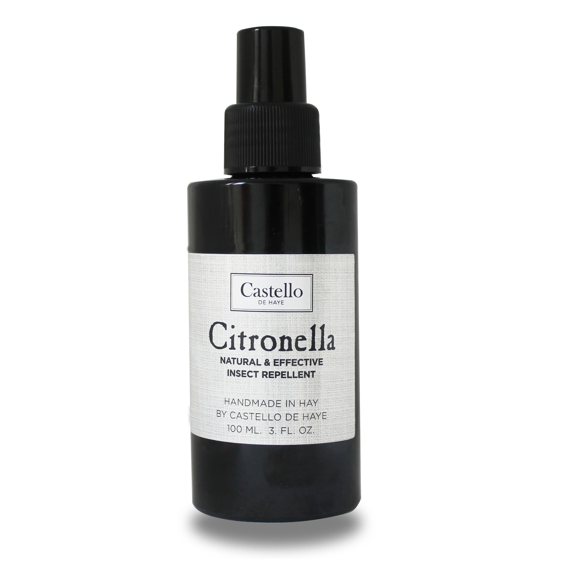 Citronella Room Spray with citronella oil handmade in Hay by Castello de Haye, bottle on a white background