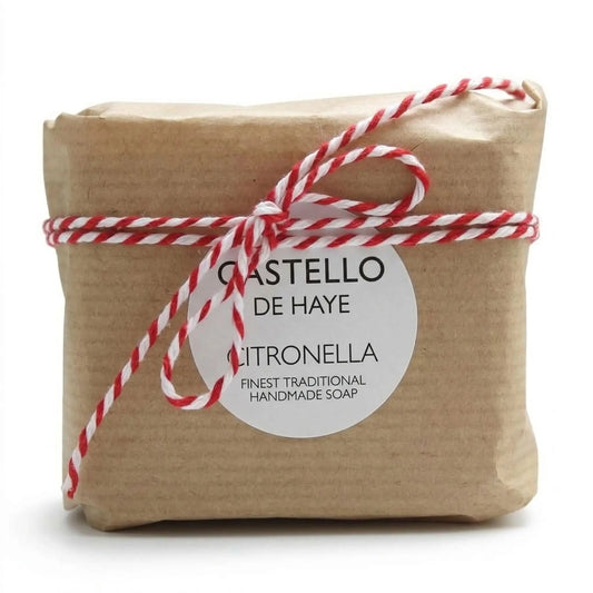 Castello de Haye handmade citronella soap wrapped in brown kraft paper with red-and-white twine