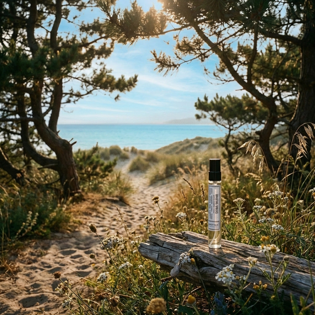 Coastal walk through pine trees leading to sand dunes and sea — lifestyle image for Coastal Walks natural perfume by Norfolk Natural Living