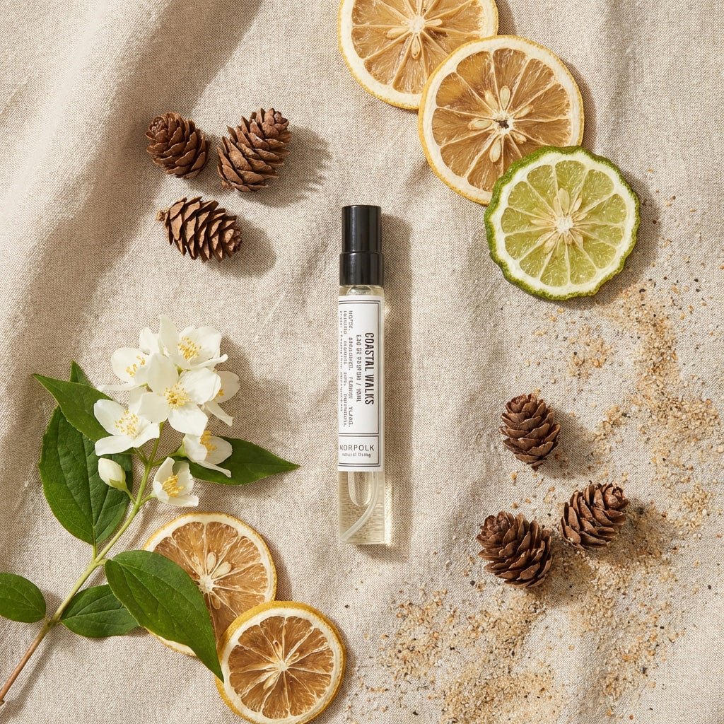Coastal walk ingredients pine, bergamot, lemon, jasmine flower on linen background with sand, lifestyle image for Coastal Walks natural perfume by Norfolk Natural Living