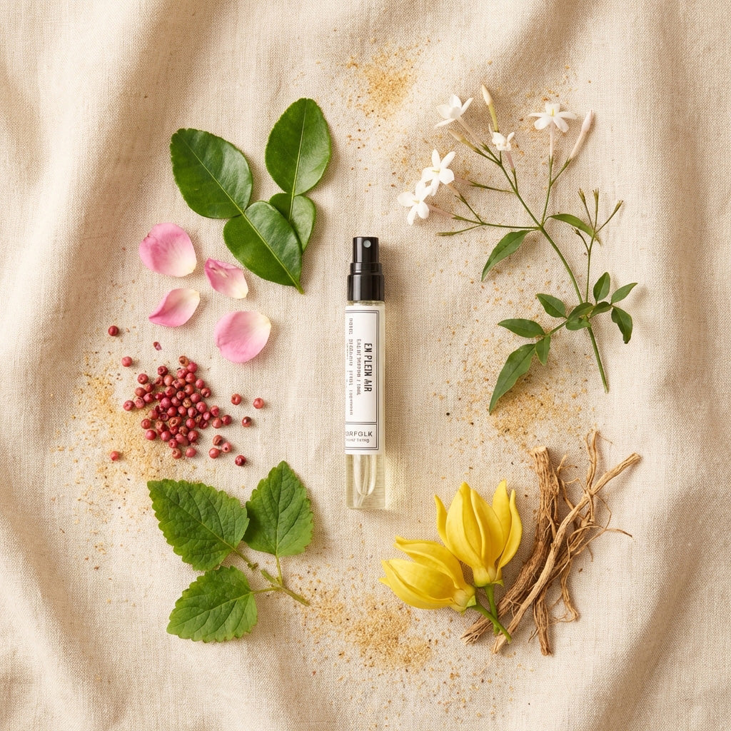 En Plein Air 10ml natural essential oil perfume by Norfolk Natural Living on linen with sand, rose petals, ylang flowers and botanical ingredients