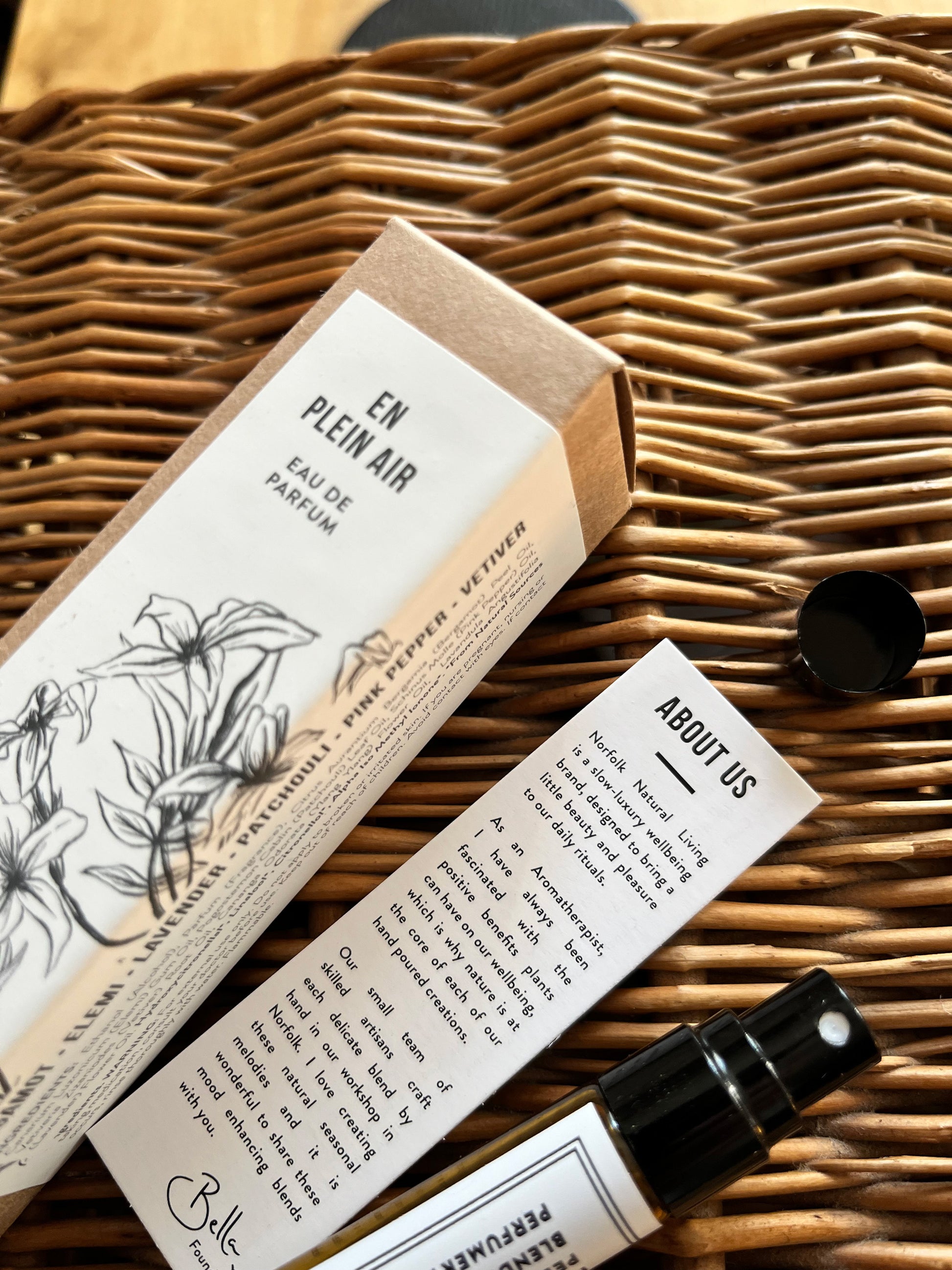 En Plein Air natural perfume 10ml by Norfolk Natural Living with gift box and supplier information card
