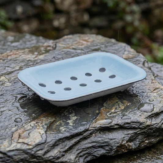 Duck egg blue enamel soap dish with drip tray on Welsh slate