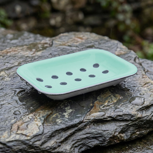 Green enamel soap dish on Welsh slate 