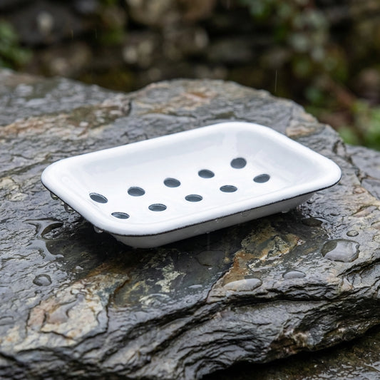 Pure white enamel soap dish with drip tray on natural slate in outdoor setting