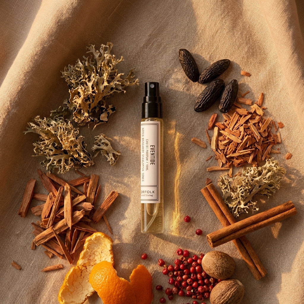 Eventide 10ml natural essential oil perfume by Norfolk Natural Living on linen with oakmoss, tonka beans, sandalwood, cinnamon and pink peppercorns