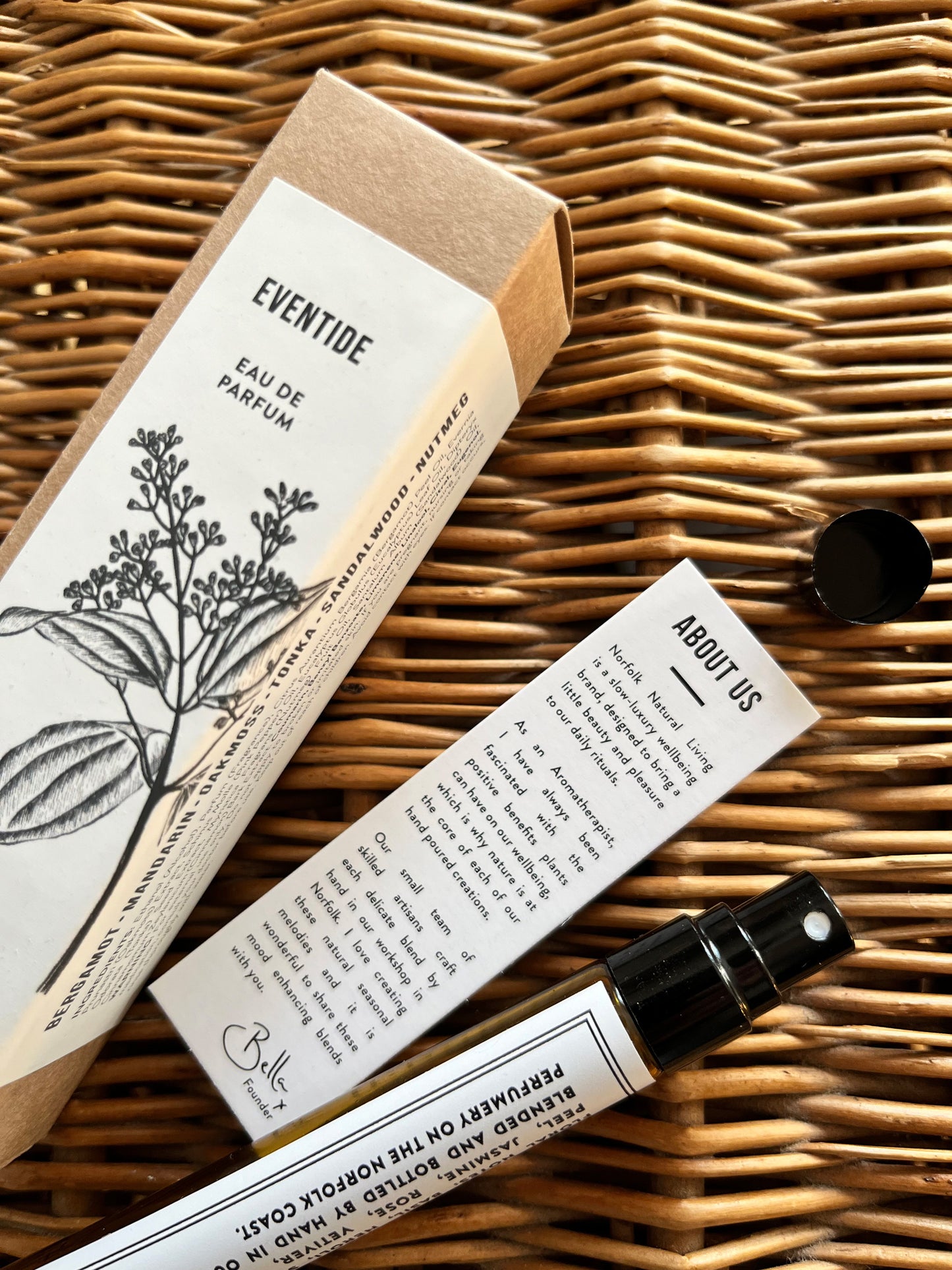 Eventide natural perfume 10ml by Norfolk Natural Living with gift box and supplier information card
