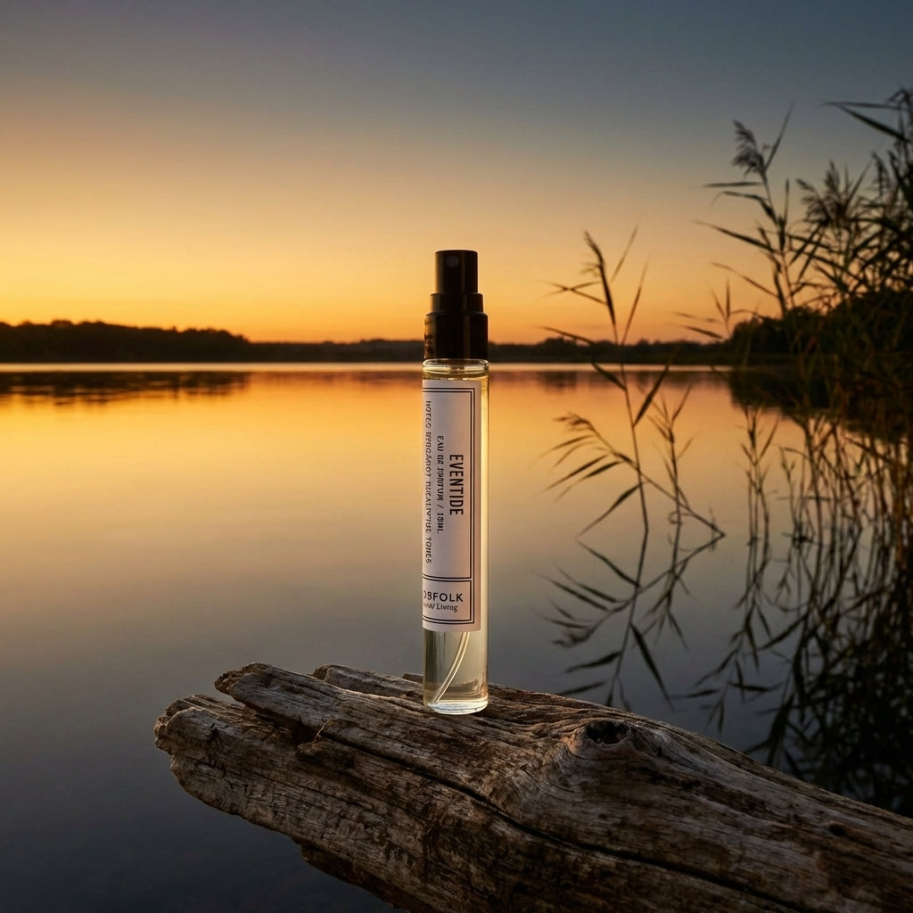 Golden dusk over Norfolk waterway with silhouetted reeds — lifestyle image for Eventide natural perfume by Norfolk Natural Living