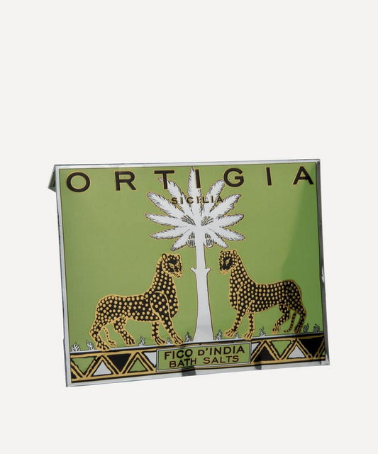 Package of Ortigia Fico d'India bath salts featuring an illustration of a cactus with orange flowers and two figures.
