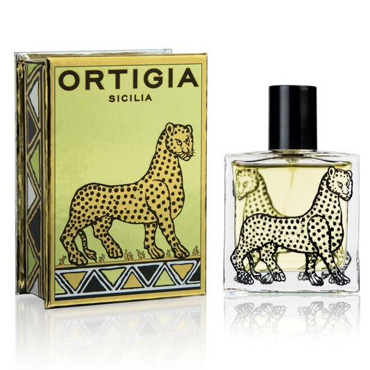 Ortigia Sicilia leopard-themed perfume bottle and packaging on a white background