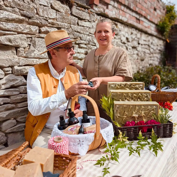 James & Jacqueline Kennett, founders of Castello de Haye, handcrafting natural soap in Hay-on-Wye, Wales