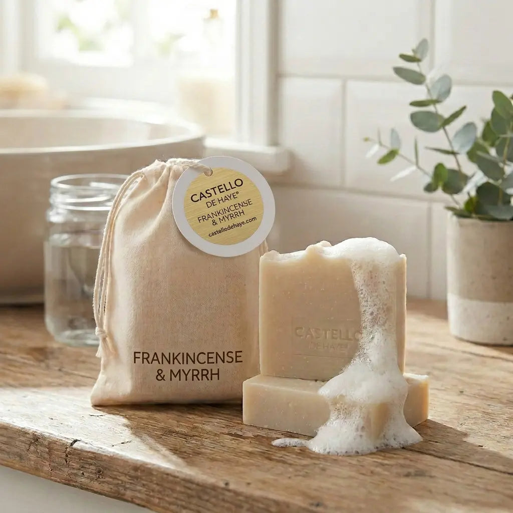 Frankincense & Myrrh Soap Bar – bathroom lifestyle | Castello de Haye