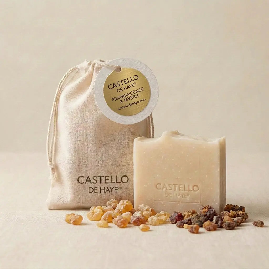 Frankincense & Myrrh Soap Bar – resin and gift bag detail | Castello de Haye