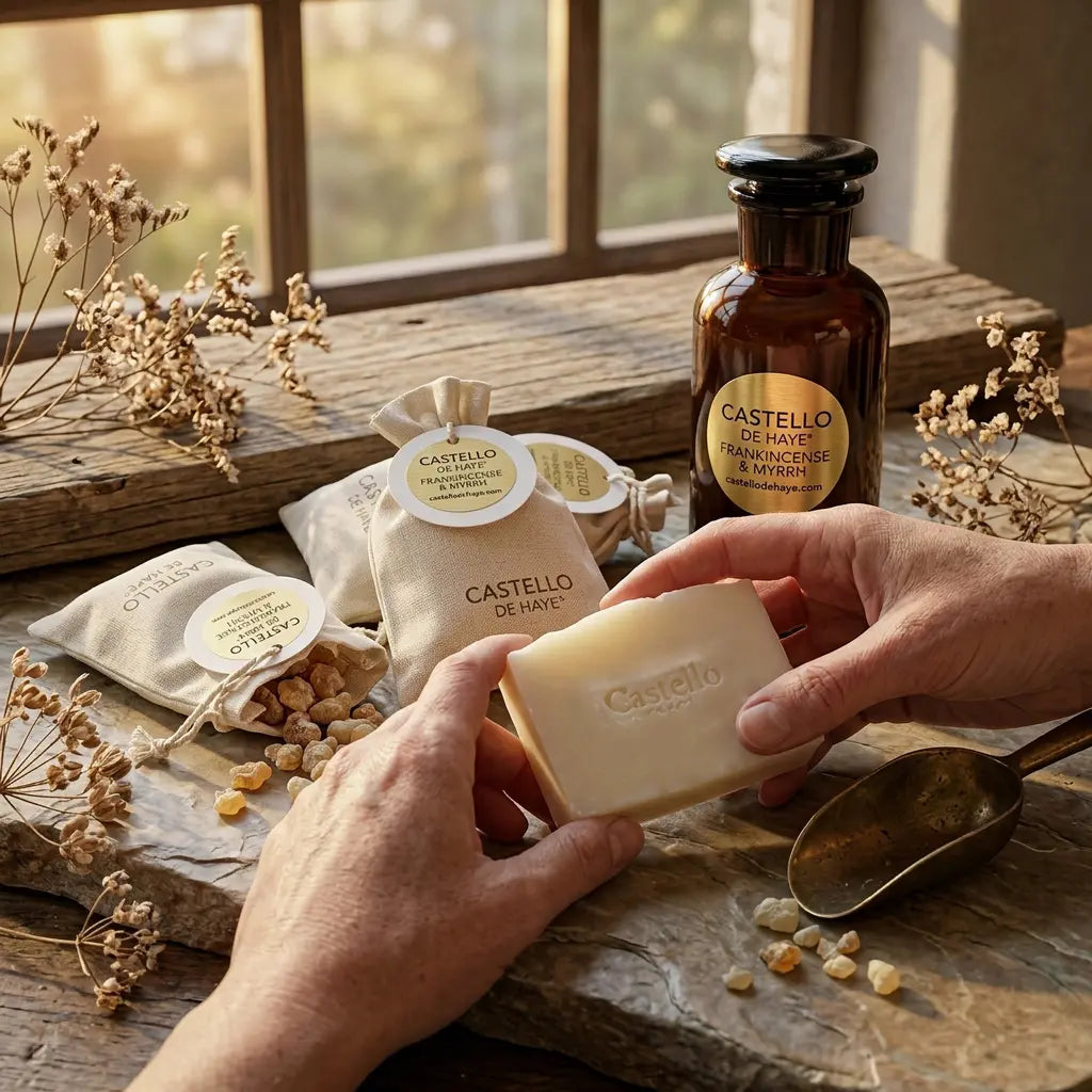 Frankincense & Myrrh Soap Bar – hands lather shot | Castello de Haye