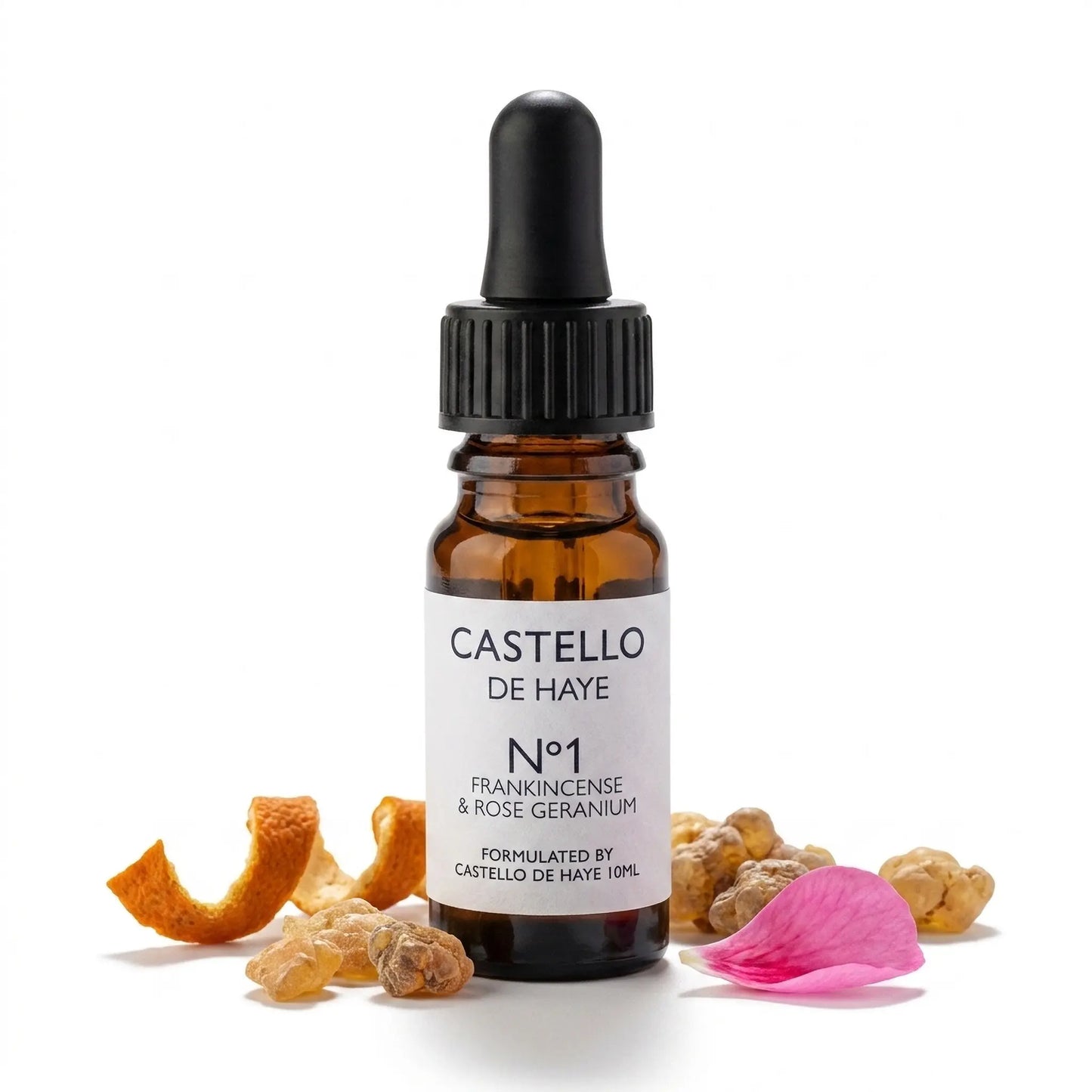 No.1 Frankincense, Rose Geranium & Sweet Orange essential oil 10ml amber apothecary bottle with scattered botanicals — Castello de Haye