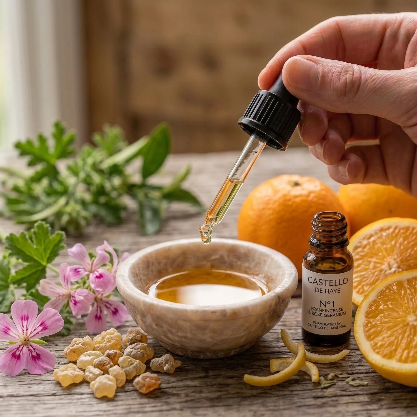 Hand using a pipette to drop essential oil into a bowl — No.1 Frankincense, Rose Geranium & Sweet Orange blend by Castello de Haye
